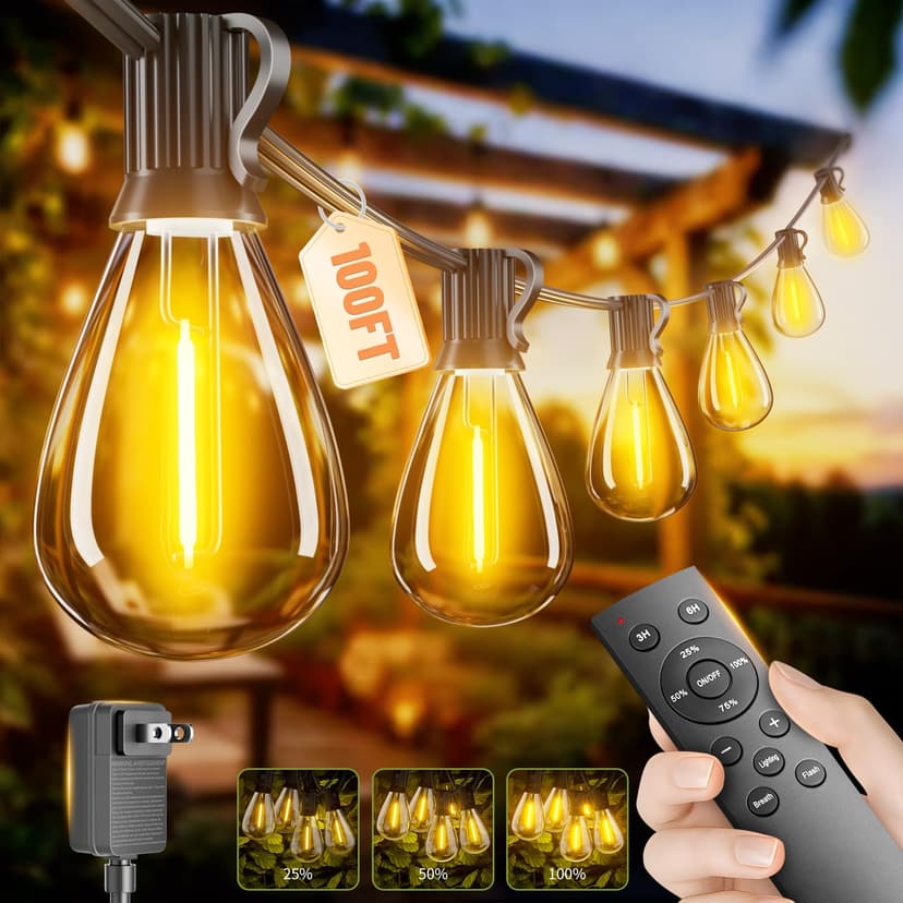 Sikitul 100FT LED Outdoor String Lights with Remote, One Continuous Strand Patio Lights with 35+1 Shatterproof S11 Bulbs, Dimmable 2700K Warm White, Timer & 3 Modes, Low Voltage for Backyard Garden