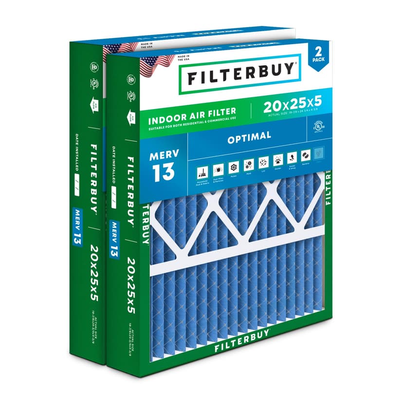 Filterbuy 20x25x5 Air Filter MERV 13 Optimal Smoke & Allergy Defense (2-Pack), Pleated HVAC AC Furnace Filters for Honeywell FC100A1037, Lennox X6673, and More (Actual Size: 19.88 x 24.75 x 4.38)
