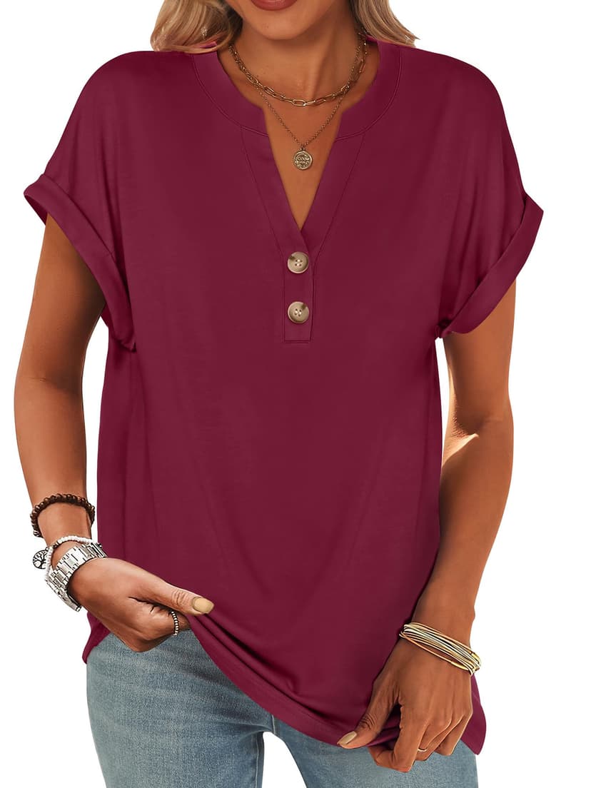 ANRABESS Womens Short Sleeve Henley Tops V Neck Dressy Casual Blouses Summer Trendy Tee Shirts 2026 Vacation Fashion Clothes