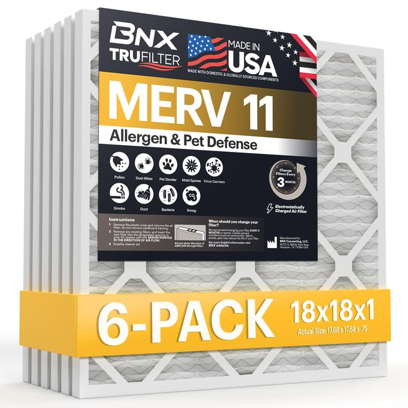 BNX TruFilter 18x18x1 Air Filter MERV 11 (6-Pack) - MADE IN USA - Allergen Defense Electrostatic Pleated Air Conditioner HVAC AC Furnace Filters for Allergies, Dust, Pet, Smoke, Allergy MPR 1200 FPR 7