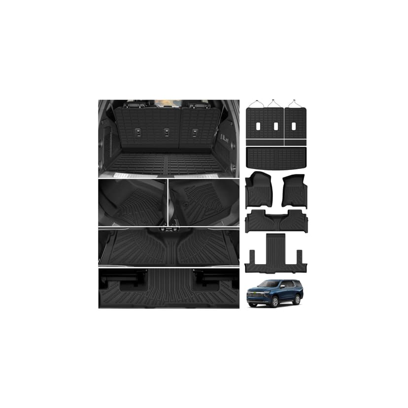 Powerty Floor Mats for 2021-2025 2026 Chevrolet Chevy Tahoe/GMC Yukon 7 Passenger Car Mats (Not for Yukon XL), All Weather 3D TPE Trunk Cargo Liner Seat Back Covers Protectors Full Set Car Accessories