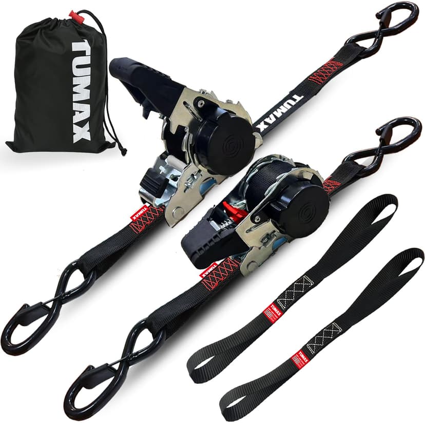 TUMAX 2-Pack Retractable Ratchet Tie Down Straps, 1" x 10ft with Soft Loops & S-Hooks, 1500lbs Break Strength Self-Retracting Cargo Straps for Truck, Trailer, Motorcycle, ATV, Kayak (Black)