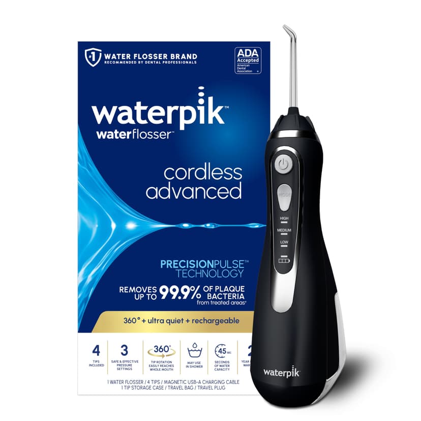 Waterpik Cordless Advanced Portable Water Flosser, Rechargeable, Black | 3 Settings, 4 Tips, Travel Bag, for Gums, Teeth, Dental Braces, Implants, Shower Use ADA Accepted WP-582 Packaging May Vary