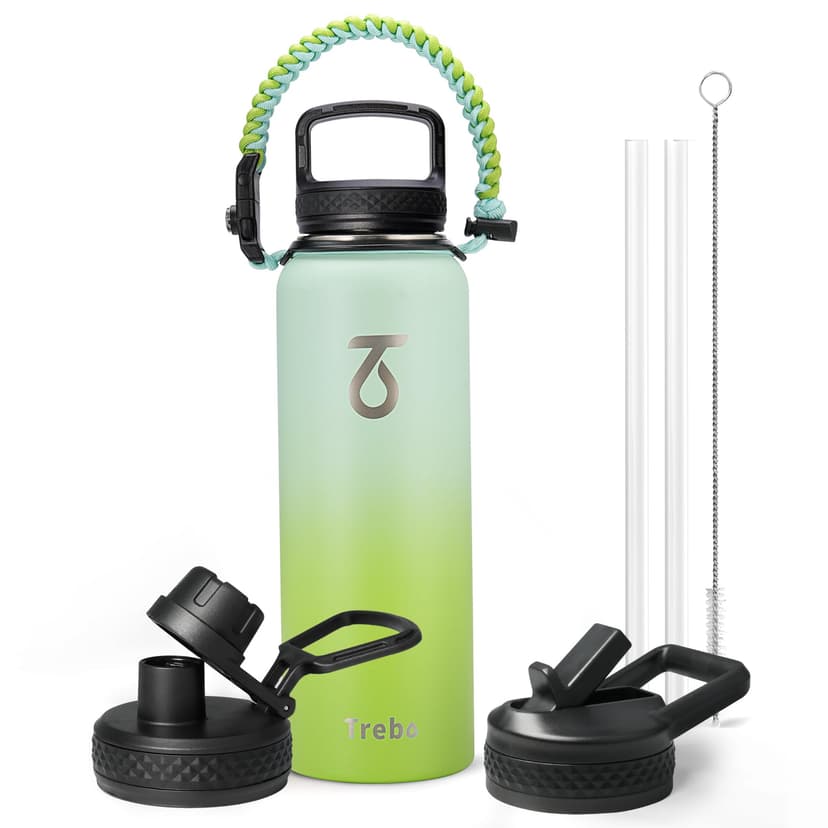 Trebo 40oz Water Bottle Insulated with Lid and Straw,Triple Wall Vacuum Stainless Steel Metal Sports Flask with Paracord Handle, Keep Hot 24 Hours & Cold 48 Hours Water Jug with 3 Lids, Dark Green