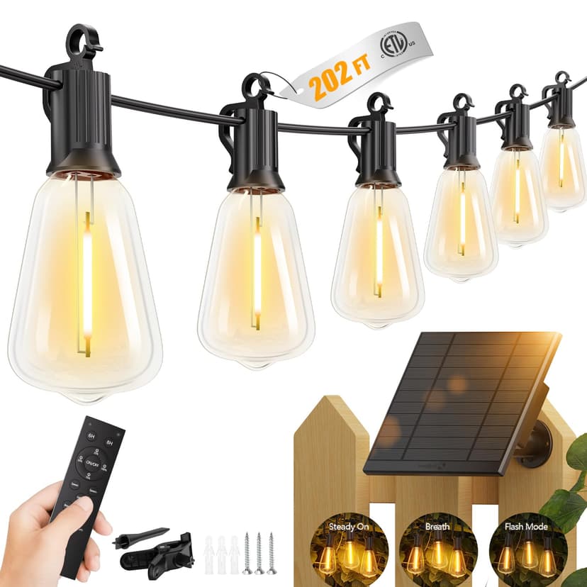 Brightown 202FT Solar String Lights Outdoor Waterproof with Remote, 65+2 LED Shatterproof Bulbs, Dimmable & Timable, 3 Light Modes - Commercial Grade Patio Lights for Garden Backyard Party Decor