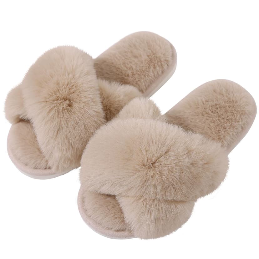 Evshine Memory Foam Fuzzy House Slippers for Women | Faux Fur Cross Band Open Toe Indoor Slippers, Gifts for Women, Moms and Bridesmaids