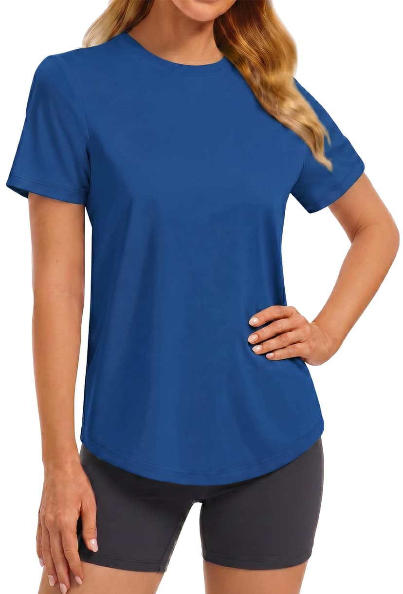 PINSPARK Soft Workout Tops for Women Short Sleeve Crewneck Basic Tee Shirts | UPF 50+,Quick Dry,Moisture-wicking,Regular Fit,Tagless,Hip Length,Curved Hem,Hiking,Running,Gardening,Casual