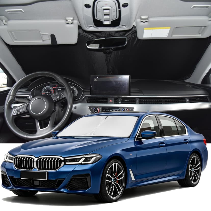 for BMW 5 Series 2017-2026 Windshield Sun Shade 525i 520i 528i 530i 535i | Custom Fit 5 Series 535d 550i 4 Layers for Front Windows Shade Cover 260T Retractable Shade Blocks UV Rays