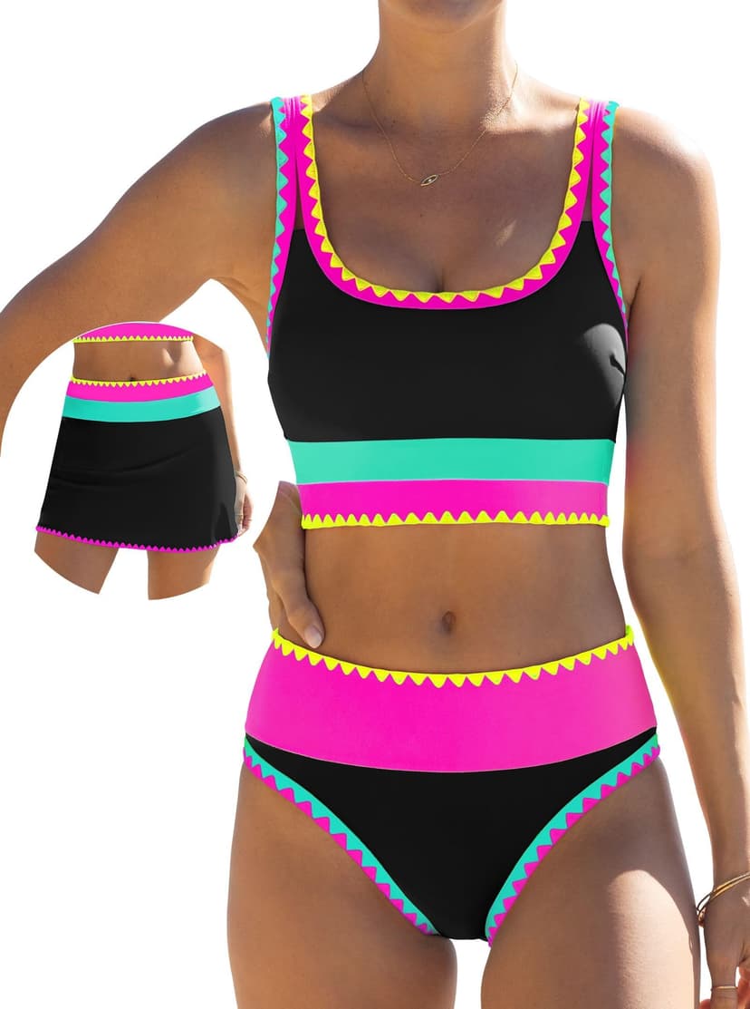 popvil High Waisted Bikini Sets for Women Tummy Control Swimsuits 3 Piece Bathing Suits Neon Swimwear with Skirt 2026