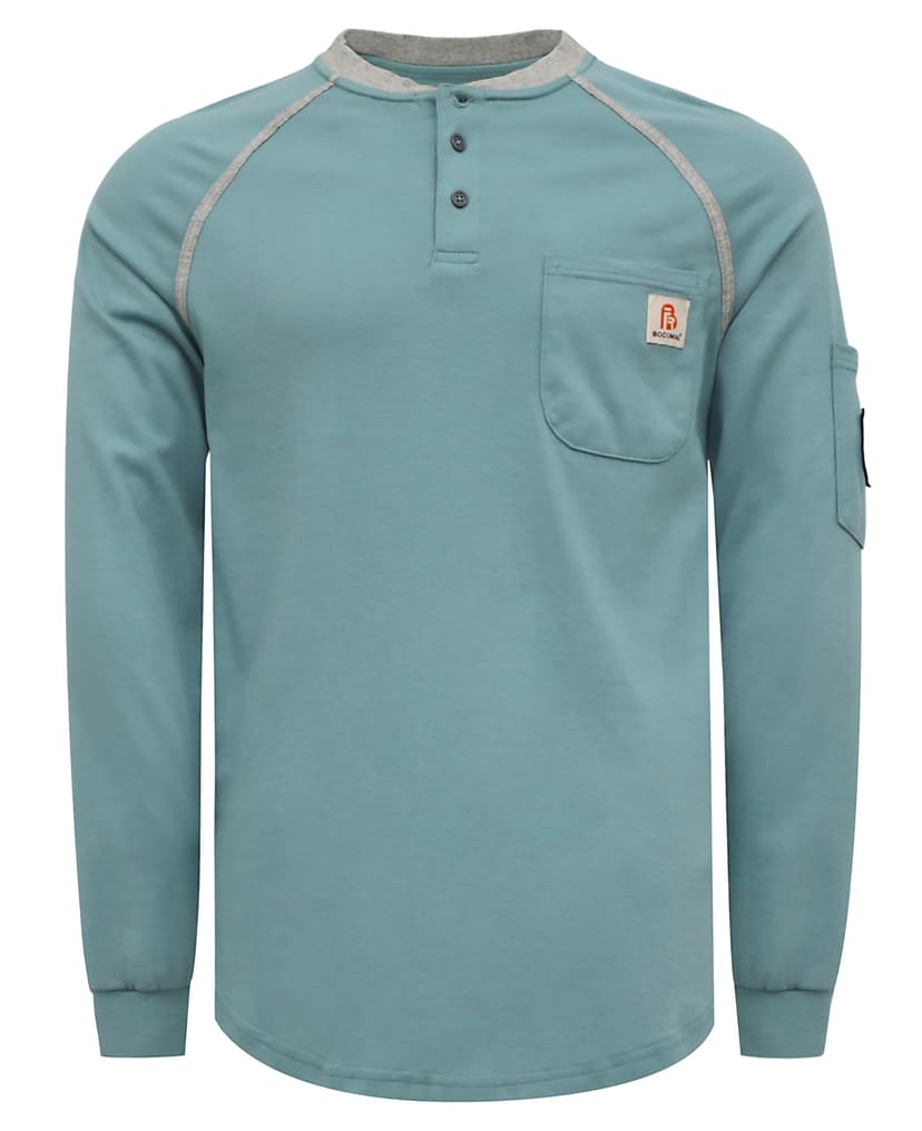 BOCOMAL FR Shirts for Men 5.5oz Lightweight Henley Flame Resistant Clothing | Fire Retardant 100% Cotton Knit,Chest and Sleeve Pockets,NFPA2112 CAT2,Contrast Stripe Long Sleeve Workwear,Relaxed Fit
