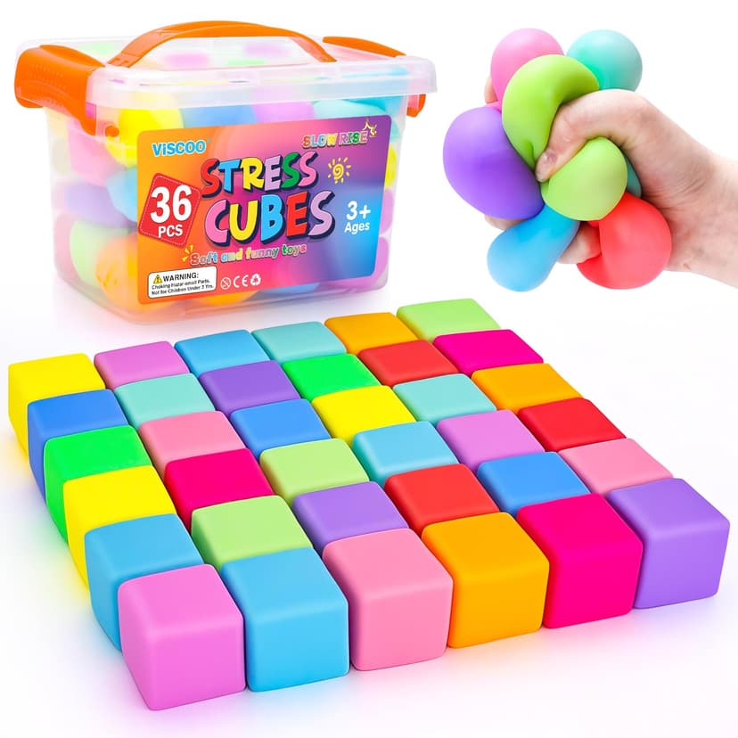 VISCOO 36 Pack Slow Rising Stress Cube, Stress Balls Fidget Squishy Toys | Squeeze Toy for Anxiety Relief, Pull Stretch Squishy Ball for Classroom Prize, Party Favors for Kids Adults