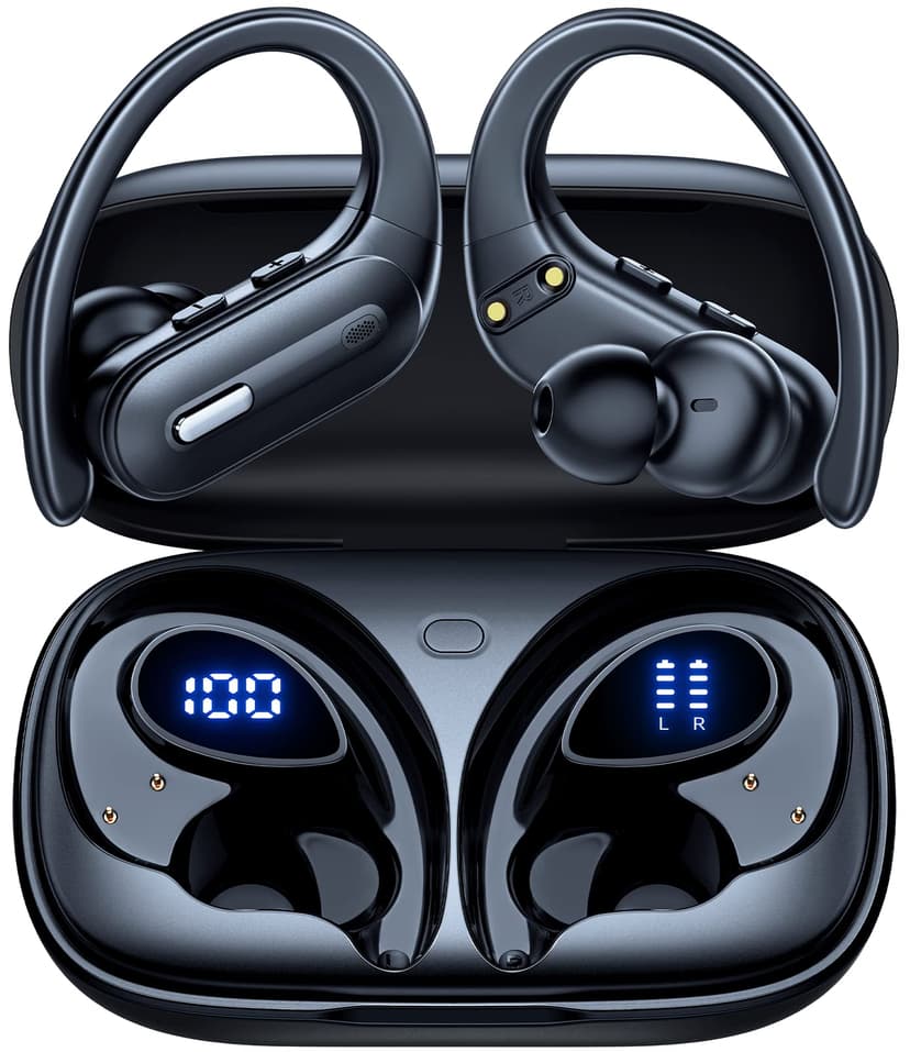 Active Noise Cancelling Wireless Earbuds Bluetooth Headphones 90 Hrs Playtime Ear Buds with Hi-Res Stereo Deep Bass Power Display Earphones with Earhooks Waterproof Transparency Headset Sports/Running