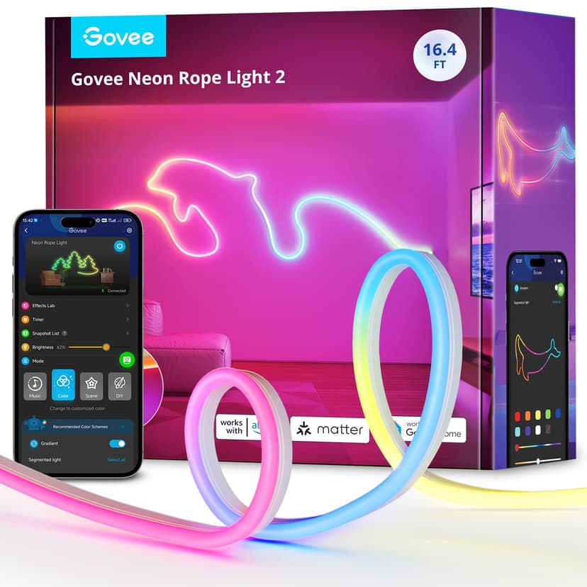 Govee RGBIC Neon Lights 16.4ft Works with Matter, Alexa, Google Assistant | LED Smart Neon Rope Light 2, Custom DIY Neon Strip Lights for Bedroom and Wall Decor, Softer Material, White
