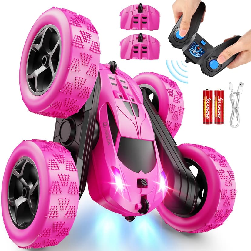 QUNREDA RC Cars, Rose Remote Control Car for Girls, 2.4 GHZ Double Sided RC Stunt Car 360° Rotating Remote Control Crawler with Headlights Car Toys for 6 7 8 9 10 11 12 Girls Birthday Gift