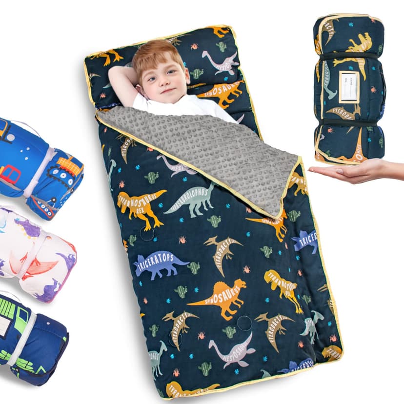 Primlect Thickened Toddler Nap Mat with Removable Pillow and Minky Blanket, Extra Large 55''x35'' Sleeping Bag, Washable, Roll up, Perfect for Daycare, Preschool, Kindergarten, Boys and Girls