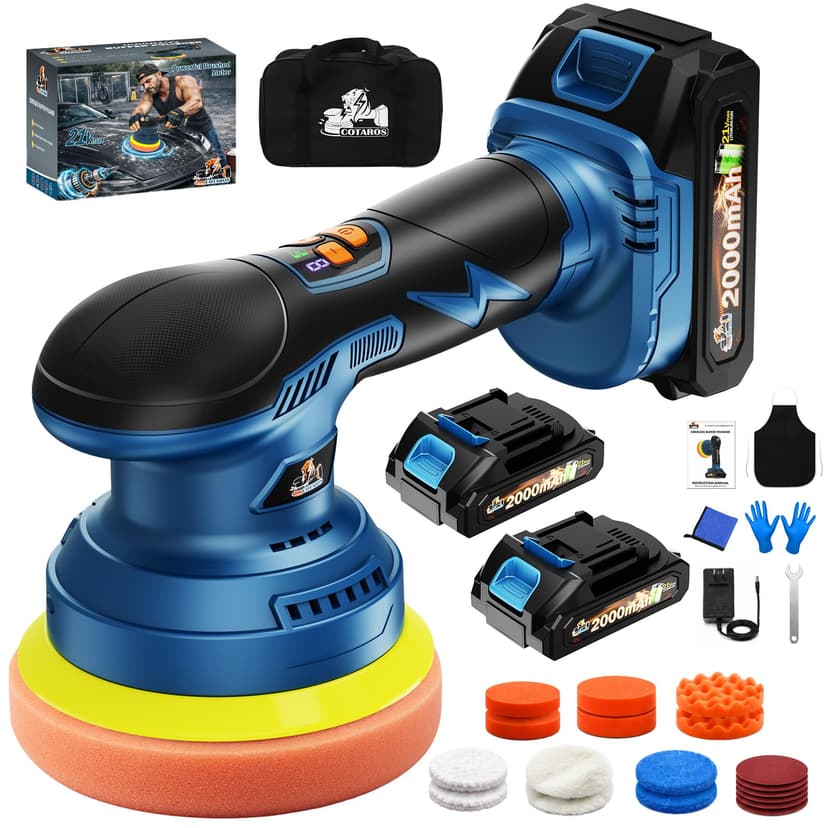 cotaros Cordless Car Buffer Polisher, 8-Speed, 2*21V 2000mAh Batteries | Random Orbital, 5IN Back Plate, LED Display, Includes 18pcs Polishing Pads Kit for Car Polishing, Wax & Scratch Repair-Blue