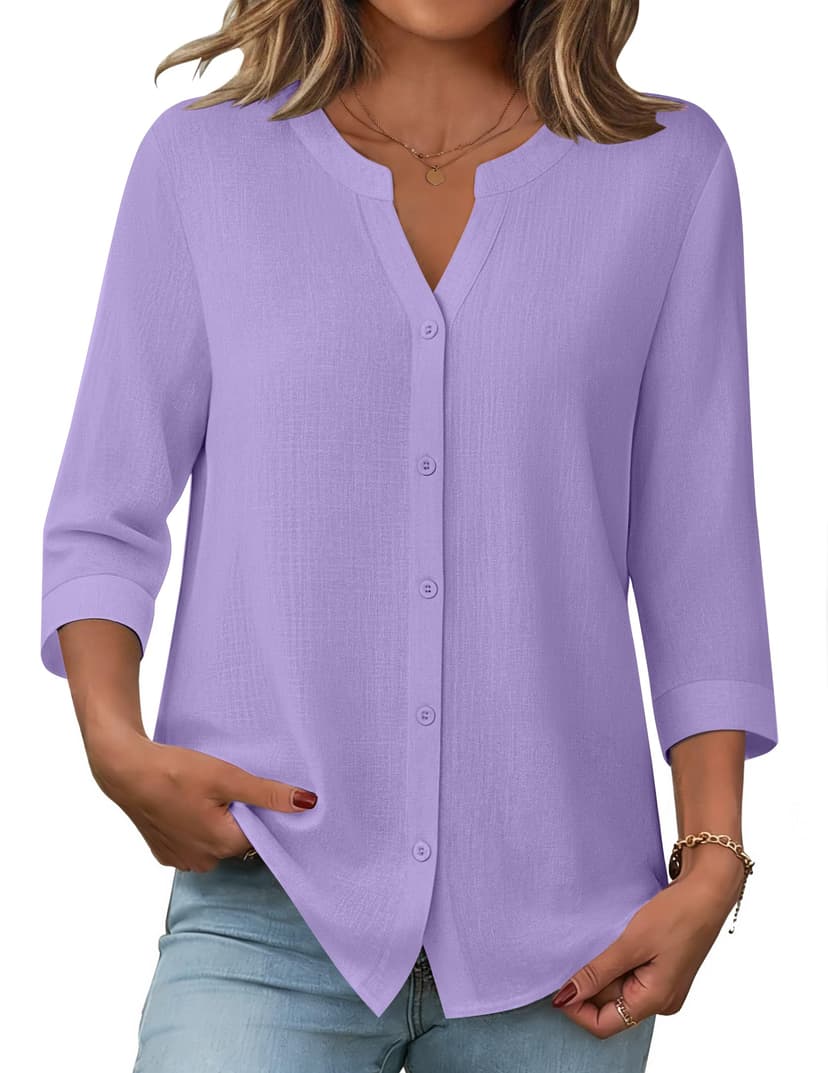 Zeagoo Button Down Shirts for Women 3/4 Sleeve Linen Cotton V Neck Tops Dressy Casual Loose Work Blouses