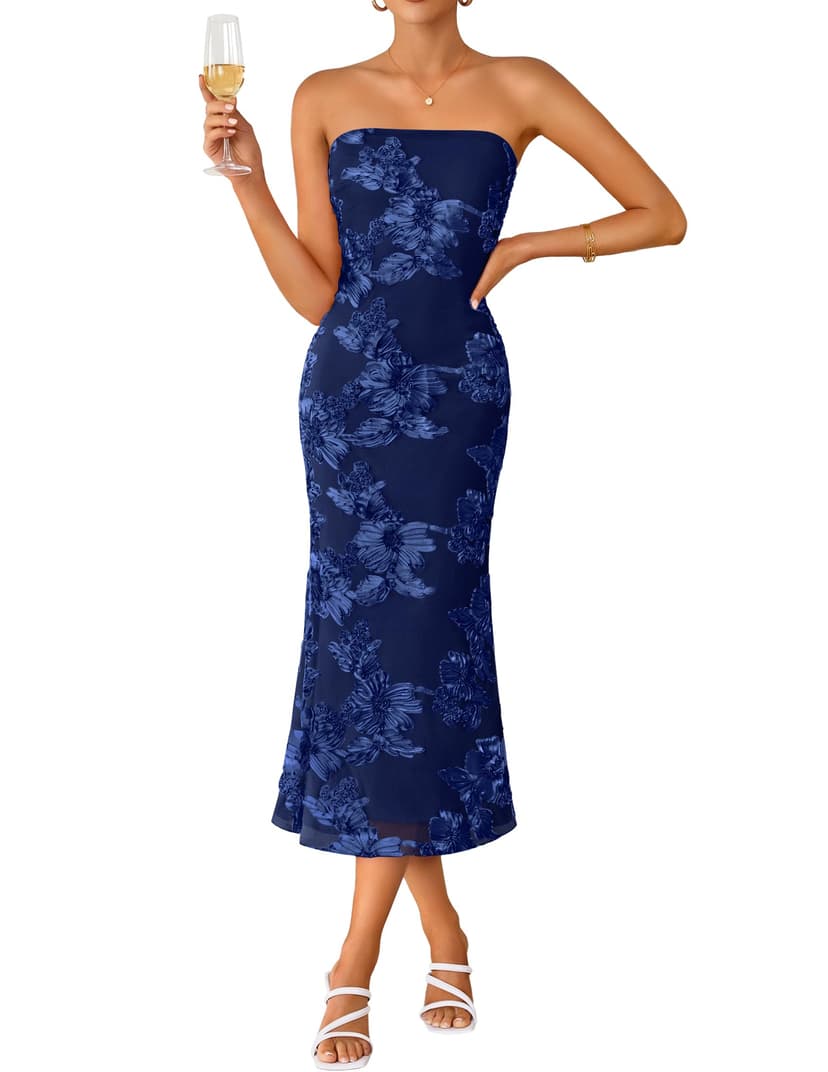 ZESICA 2026 Summer Strapless Floral Cocktail Wedding Guest Dress for Women | Formal Bodycon Mesh Tube Midi Dresses, Elegant Bridal Shower Bridesmaid Birthday Holiday Dinner Party, Fashion Evening Gown