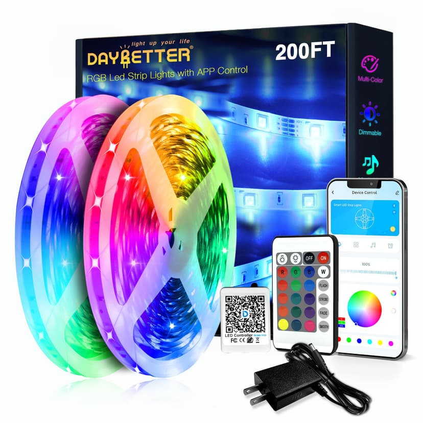 DAYBETTER LED Strip Lights 200ft 2 Rolls 100ft, RGB Color Changing Light Strips with Remote & 24V Power Supply, Indoor Decor Lights for Bedroom Desk Room, Birthday Gifts for Girls Boys