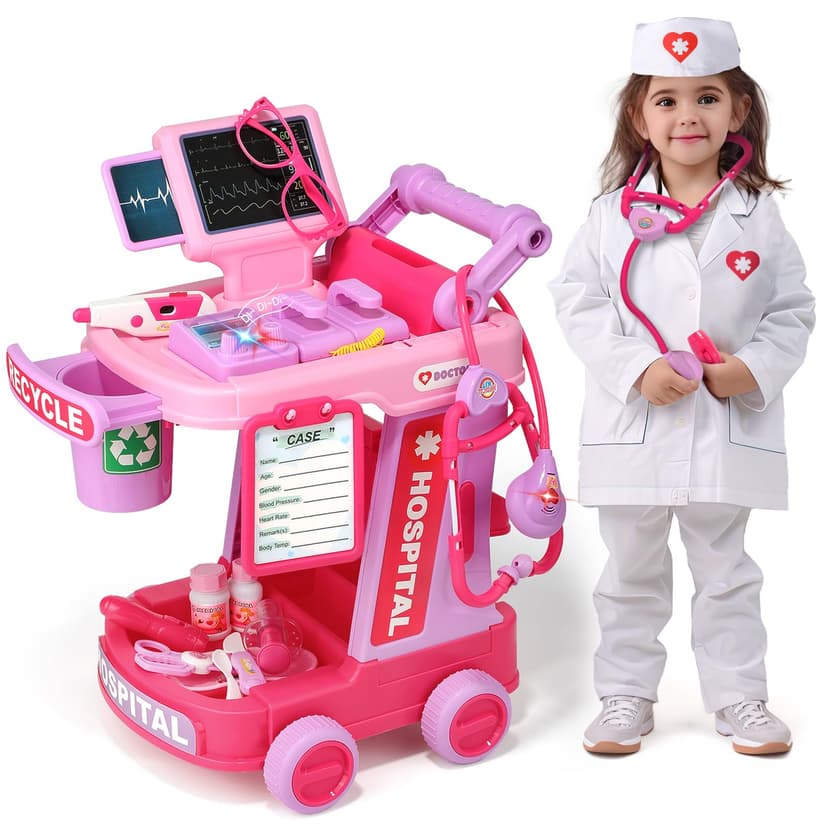 Liberry Toddlers Doctor Kit Toy for Girls Boys Ages 2 3 4 5, Pink | Kids Doctor Playset with Cart, Costume & Stethoscope, Role Play, Pretend Play Medical Toys, Birthday Gift