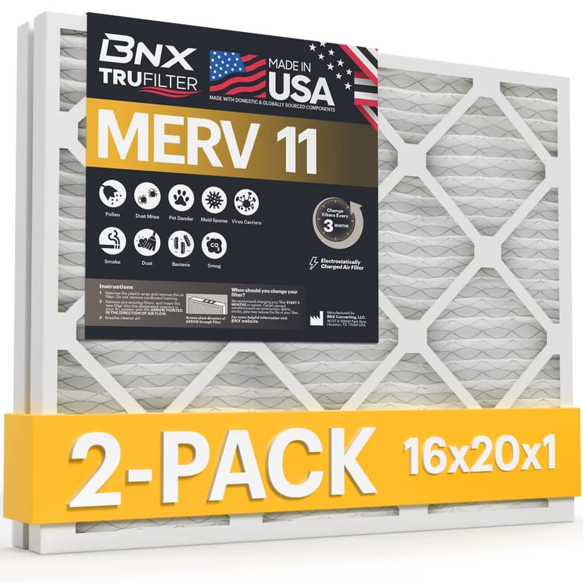 BNX 16x20x1 MERV 11 Air Filter 2 Pack - MADE IN USA - Electrostatic Pleated Air Conditioner HVAC AC Furnace Filters - Removes Dust, Mold, Pollen, Lint, Pet Dander, Smoke, Smog