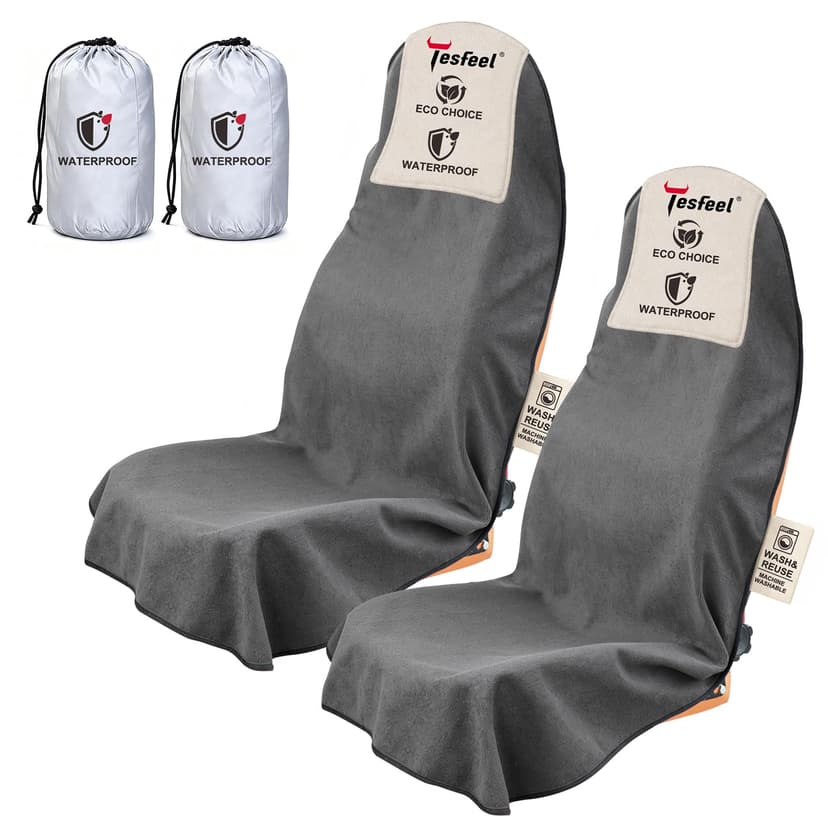 TESFEEL Towel Car Seat Covers for Sweat Protection, GRS Certified Recycled Microfiber Absorbent Front Seat Protector, Non-Slip Washable Universal Fit for Sedans SUV Minivans(2 Pack,Gray)