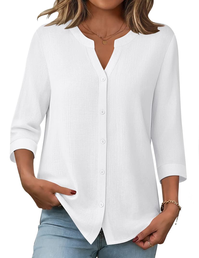 Zeagoo Button Down Shirts for Women 3/4 Sleeve Linen Cotton V Neck Tops Dressy Casual Loose Work Blouses