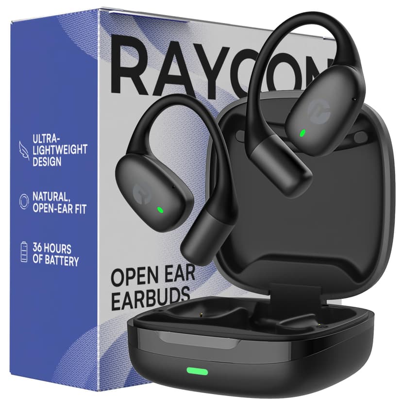 Raycon Essential Open Ear Earbuds – Open Ear Headphones, Earbuds Wireless Bluetooth, Sweat & Water-Resistant Earphones, Running Headphones with Ultra-Lightweight Design, 36 Hours Battery Life (Black)