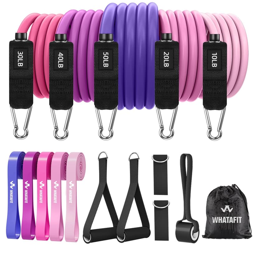 WHATAFIT Resistance Bands, Exercise Bands, Workout Bands with Handles, Door Anchor and Ankle Straps, 5 Resistance Levels Fitness Bands for Strength Training, Physical Therapy, and Home Gym Equipment