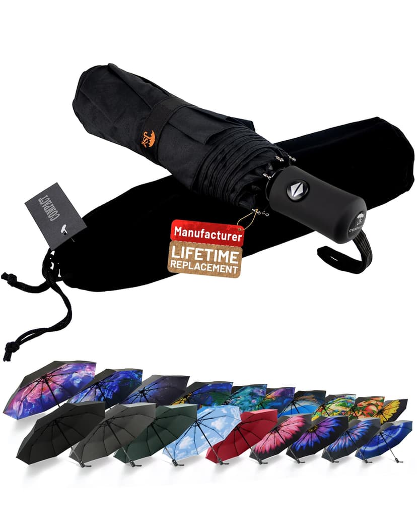 SY COMPACT Travel Umbrella - Windproof Automatic Compact Umbrella for Rain, Lightest 8-Rib, Small, Strong & Portable, Durable Grip, Fits Backpack & Car, Factory Direct (UV Available)