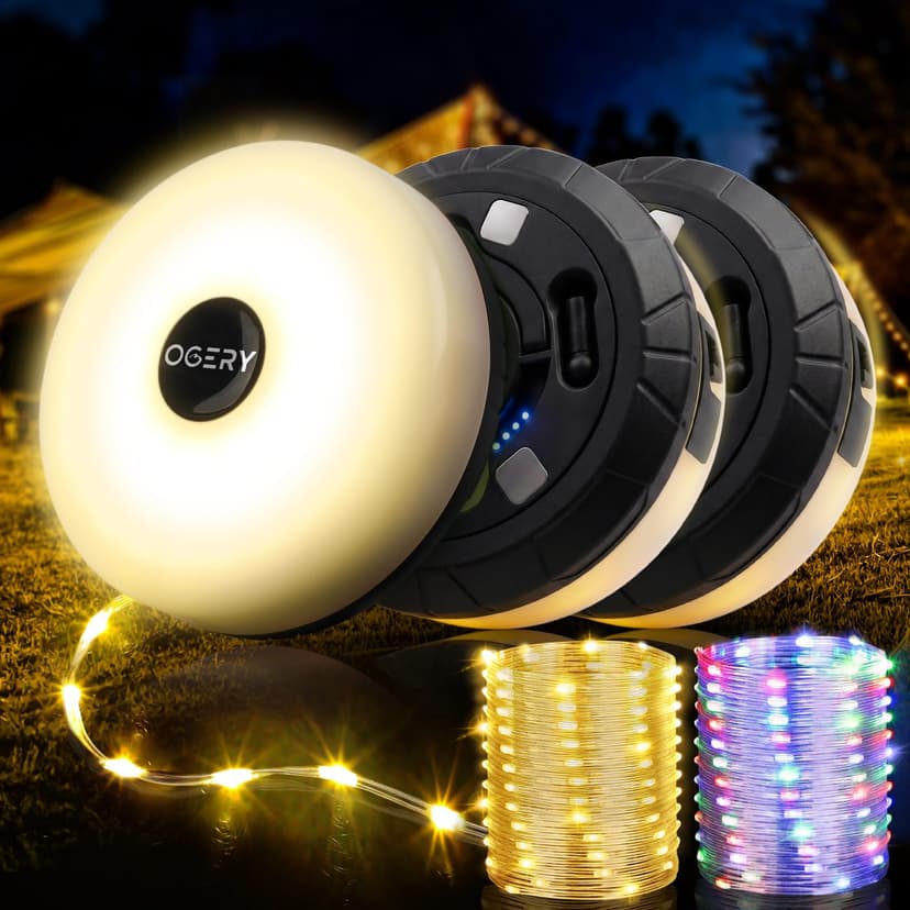OGERY 3-Pack Camping String Lights, 4 in 1 Quick Storage 32.8FT Rechargeable Tent Lights String with 8 Lighting Modes, Hanging Waterproof Portable LED Lamp for Outdoor Patio Awning Party Essentials
