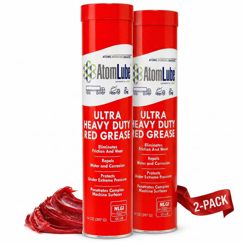 AtomLube Ultra Heavy Duty Red Grease, 2-Pack of 14 oz Tubes | High Temp Waterproof NLGI# 2 Lithium Wheel Bearing Grease for Trucking, Automotive, Trailers, & Agricultral Equipment