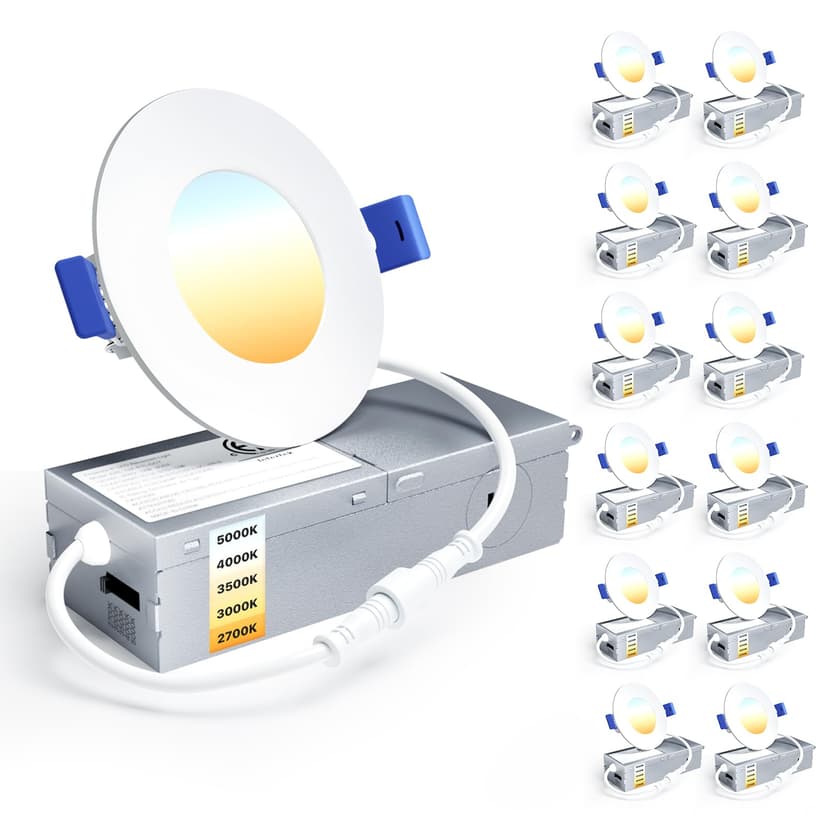 Ensenior 12 Pack 3 Inch LED Recessed Ceiling Light, 5CCT, 500LM 6W 120V | 2700K-5000K Selectable, 5%-100% Dimming, Ultra-Thin Canless Wafer Downlight with Junction Box, Damp Rated, ETL&FCC&IC