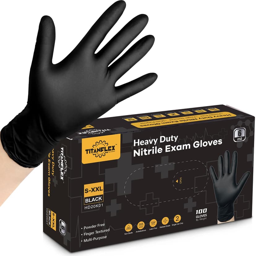 TitanFlex Disposable Nitrile Exam Gloves, 6-mil, Black, Heavy Duty, Latex Free, Food Safe for Cooking & Food Prep