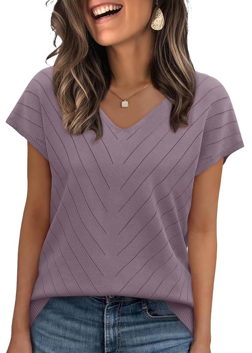 WIHOLL Short Sleeve Sweater for Women V Neck Trendy Summer Tops 2026 Beach Vacation Clothes Travel Business Casual Outfits