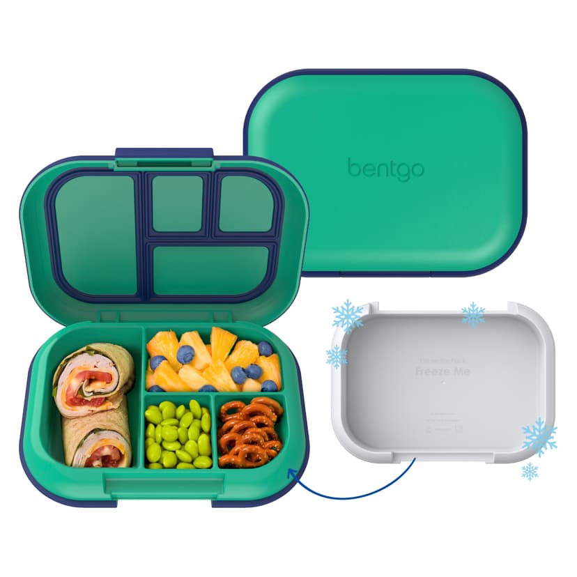 Bentgo Chill Kids 4-Compartment Bento Box Leakproof Lunch Box | Built-In Ice Pack, 3.3 Cup Capacity, BPA-Free, Microwave & Dishwasher Safe Tray, Ideal for Ages 3–7 (Green/Navy)
