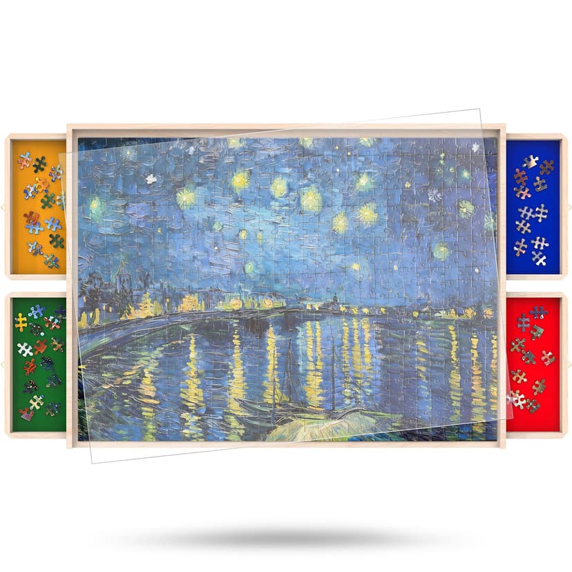 1000 Piece Puzzle Board with Drawers Rotatable 360-Degree Wheels and Cover 30" x 22" Wooden Jigsaw Puzzle Table Storage Organizer Portable Lightweight Design