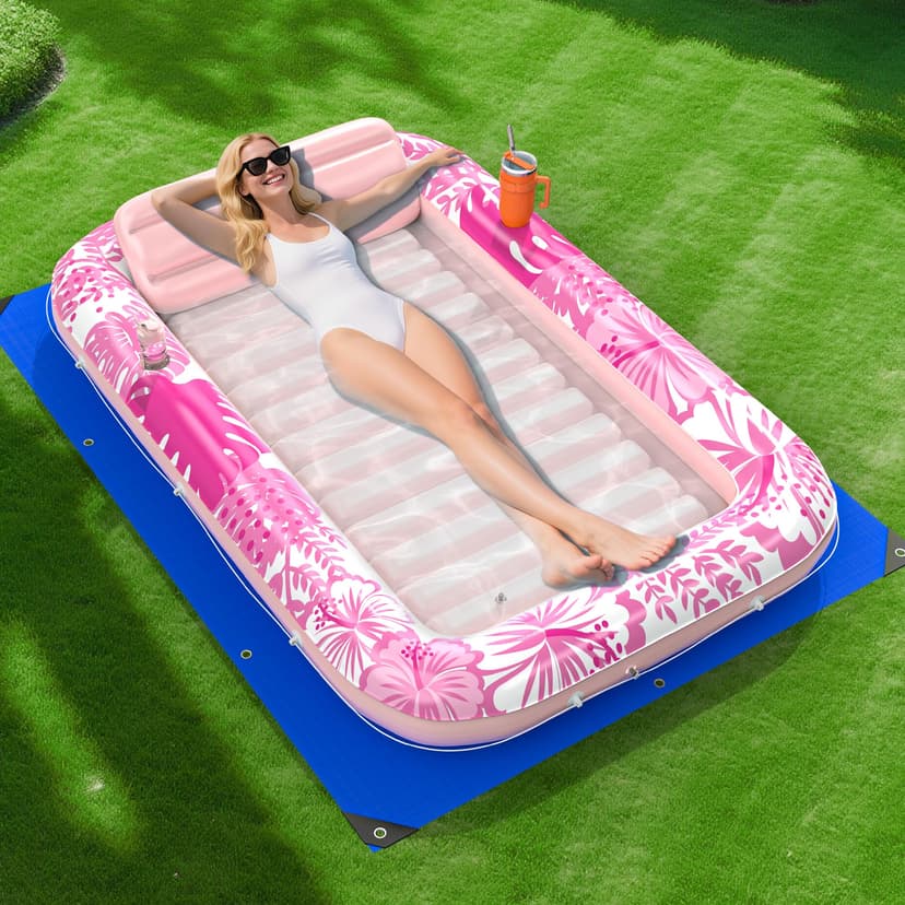 Inflatable Tanning Pool Lounger Float with Protection Tarp, 70" x 46" Pool Floats Adult with Pillow, 6 in 1 Suntan Tub Raft Floatie, Sunbathing Water Bed Lounge Blow Up Kids Ball Pit Party Gifts-Pink