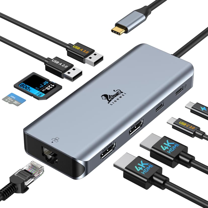 9-in-1 Docking Station Dual Monitor 4K LIONWEI USB C Hub for Laptop Mac | Dual HDMI, 4K, 100W PD, 5Gbps, Ethernet, SD/TF, USB C Dock for MacBook/Dell/HP/Lenovo/Thunderbolt Device