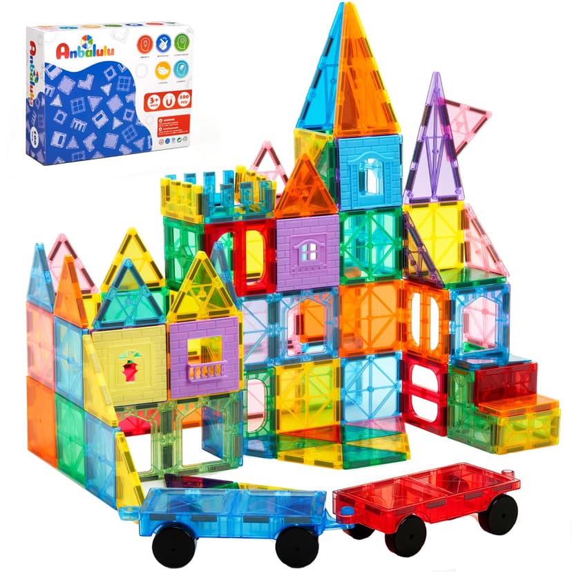 Anbalulu Magnetic Tiles 100PCS with 2 Cars, STEM Educational Building Blocks for Kids Ages 3-9, Magnet Construction Toys Gift for Toddlers