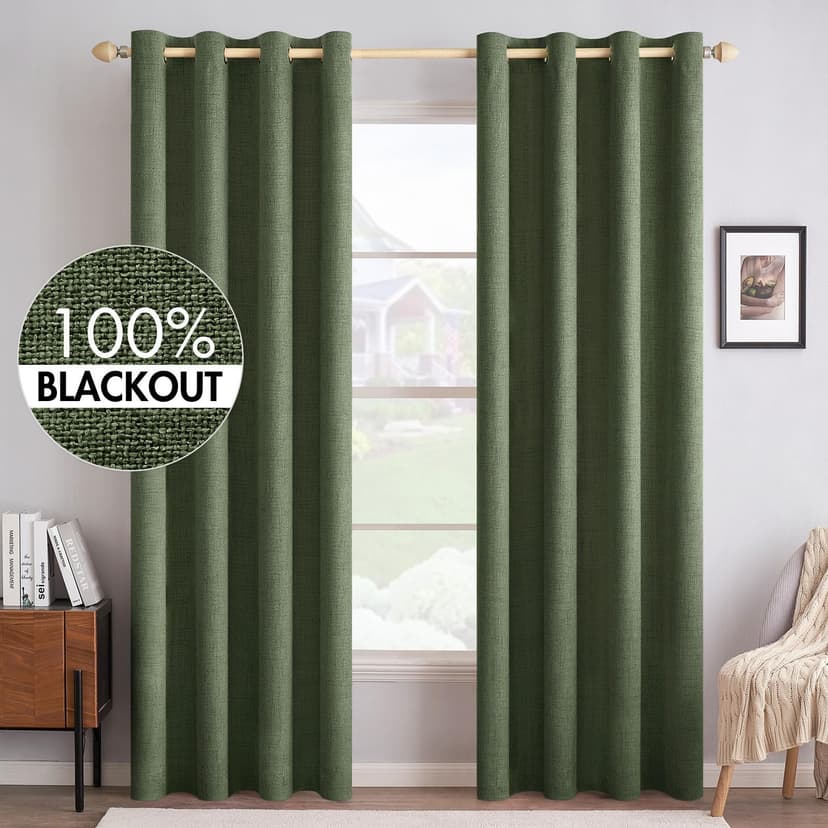 MIULEE 100% Blackout Linen Curtains for Bedroom 52x84 Inches Olive Green | Room Darkening, Light Blocking, Thermal Insulated, Grommet Top, Linen Textured, Window Curtains for Living Room, 2 Panels