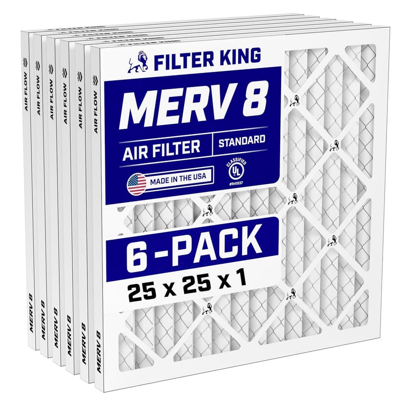 Filter King 25x25x1 Air Filter (MERV 8) (6-Pack) Dust & Allergy Control AC Furnace Filters, MADE IN USA, HVAC, Pleated, Electrostatic (Actual Size: 24.5 x 24.5 x .75)