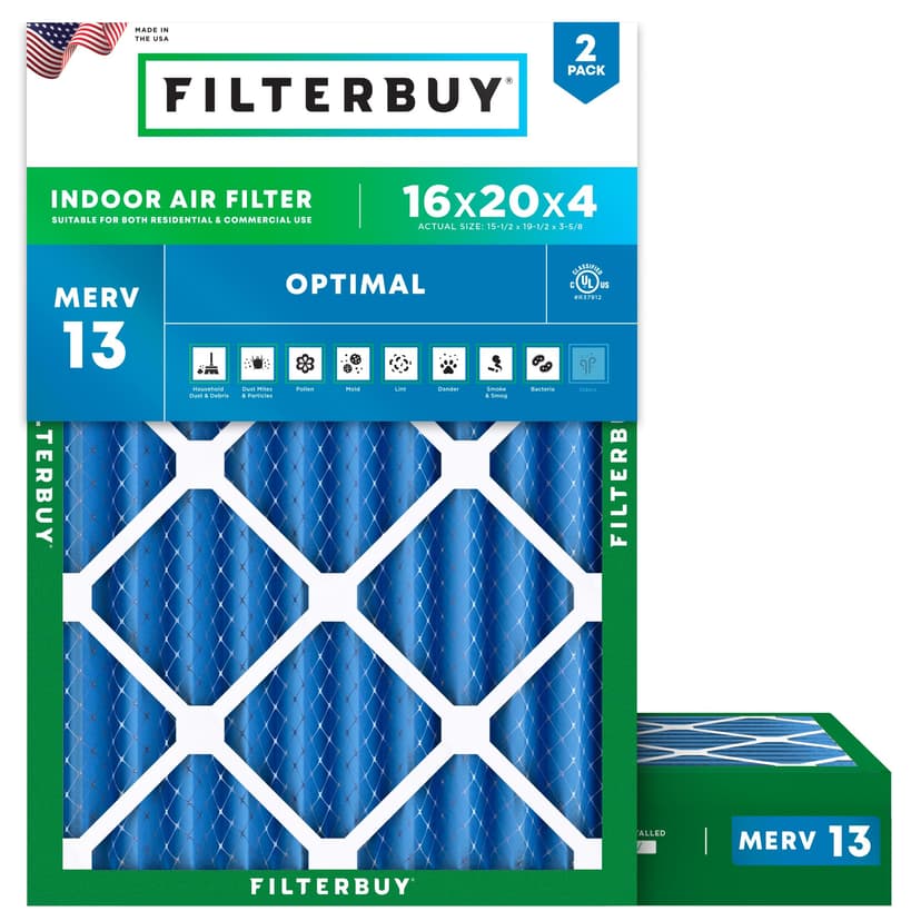 Filterbuy 16x20x4 Air Filter MERV 13 Optimal Smoke & Allergy Defense (2-Pack), Electrostatic Pleated HVAC AC Furnace Filters Replacement, Made in USA (Actual Size: 15.50 x 19.50 x 3.63)