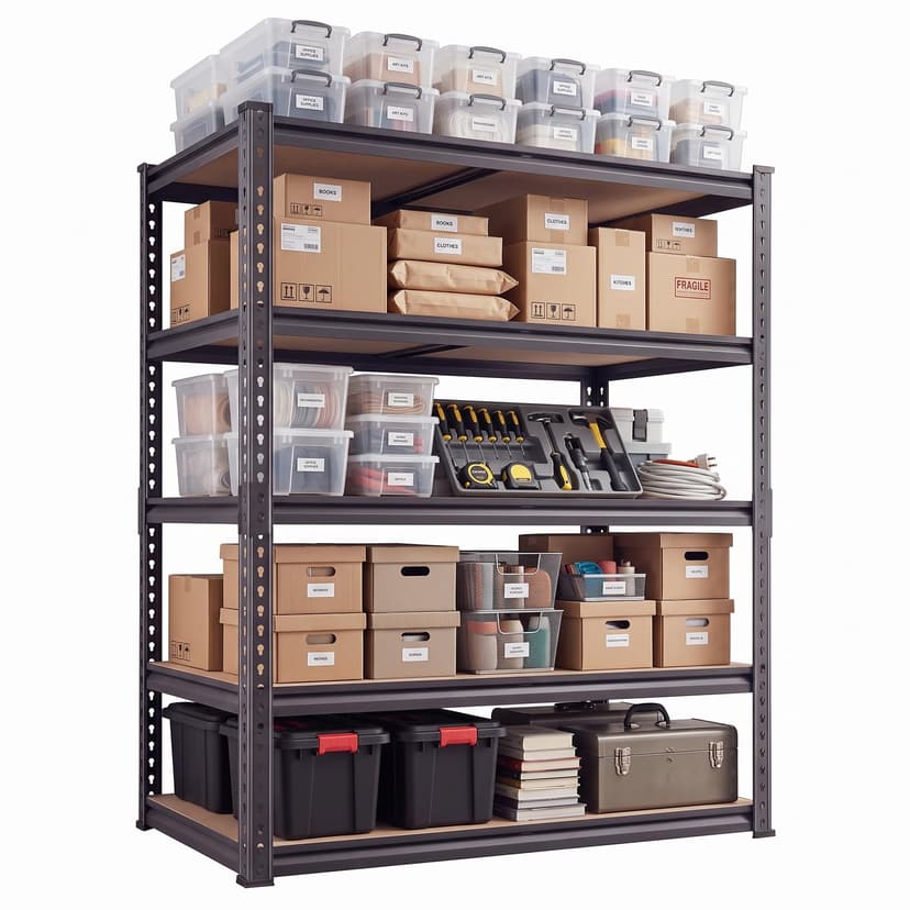 WOZBUD 36" Garage Shelving 2200 LBS, Extra Deep 16" 5-Tier Storage Rack | Extra deep 16" boltless design, adjustable 5-tier shelves. 72"H×36"W×16"D. For garage, basement & workshop. Black metal
