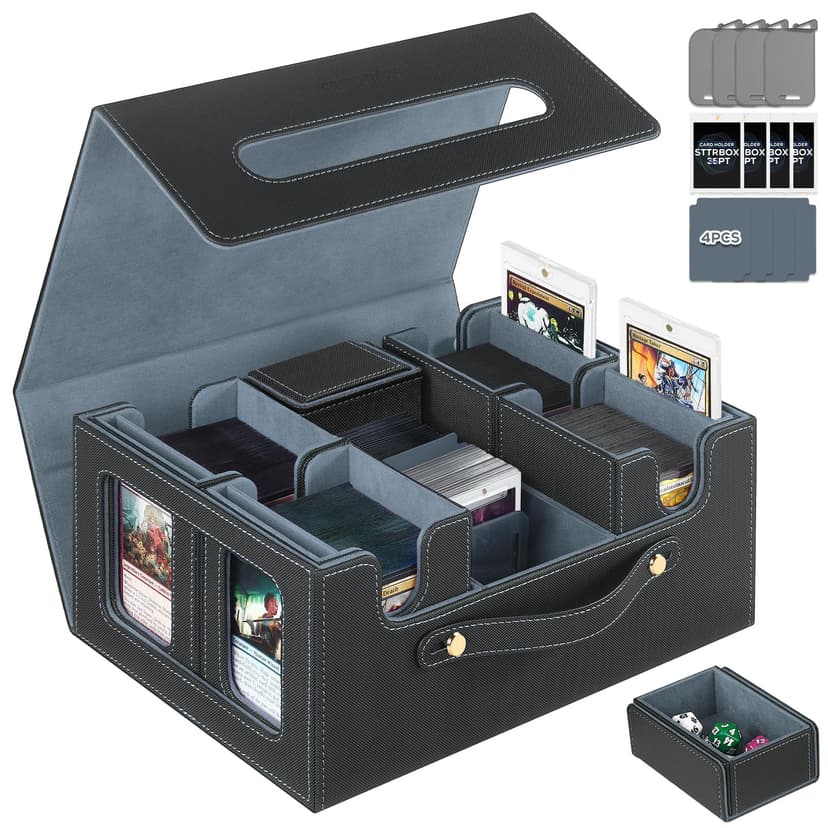 STTRBOX Trading Card Storage Box for MTG, MTG commander deck box,Multi-purpose Deck Case for MTG TCG Sports Card, 4 Toploaders, 4 Stoppers, 4 Colorful Dividers (Black & Grey)