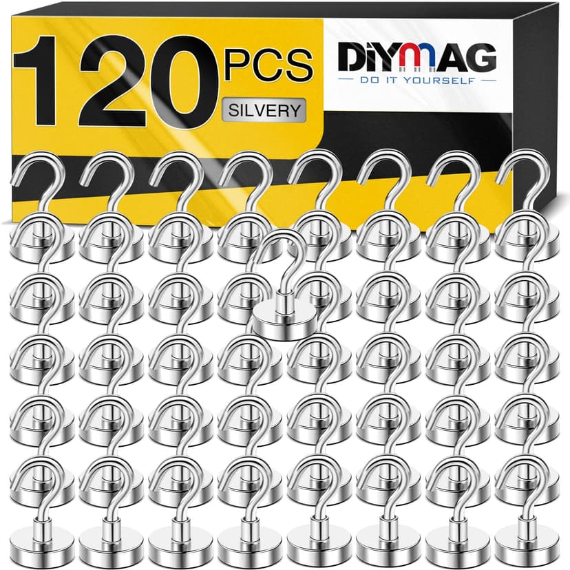 DIYMAG Magnetic Hooks, 30Lbs Silver Strong Heavy Duty Cruise Garage Magnet S-Hooks for Classroom, Fridge, Hanging, Cabins, Grill, Kitchen, Garage, Workplace and Office Etc, 120 Pack