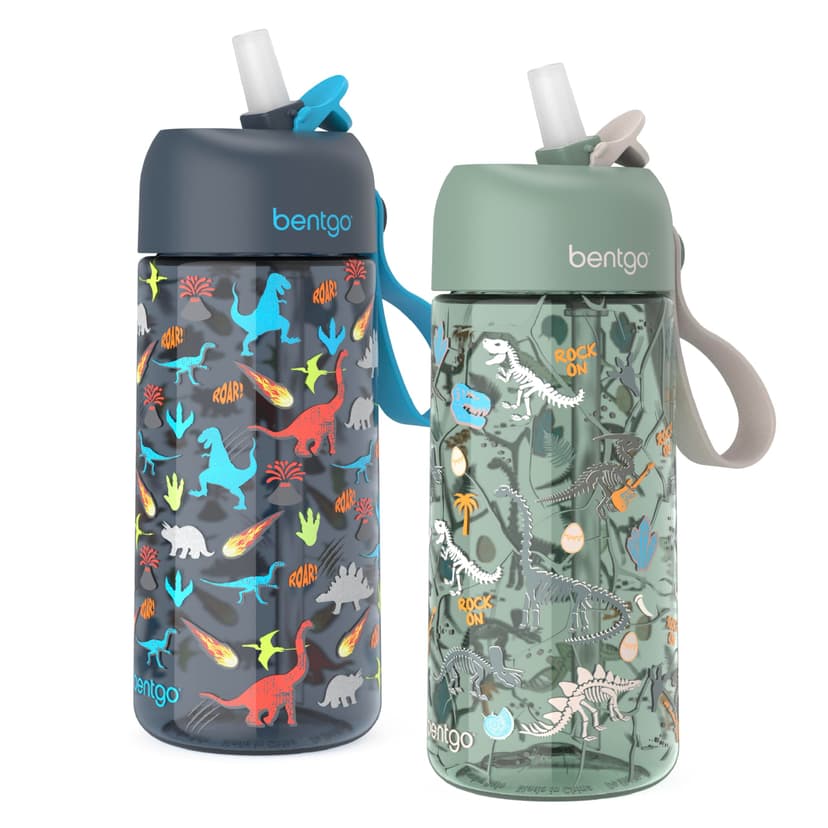 Bentgo Kids Water Bottle 2-Pack, Leak-Proof, 15 oz, Bite & Sip Spout | Durable Tritan, BPA-Free, Shatter-Resistant, Carry Handle, Top-Rack Dishwasher Safe (Dinosaur/Dino Fossils)