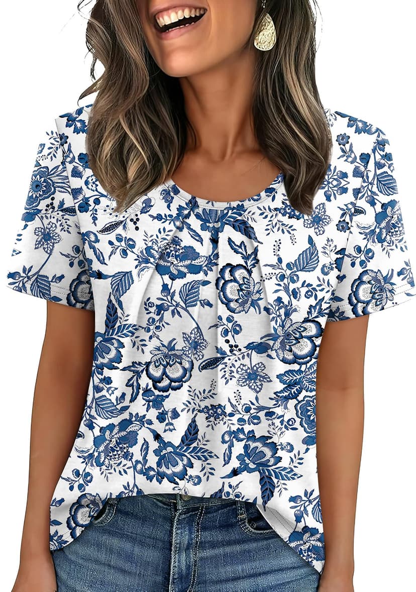 WIHOLL Women T Shirts Pleated Short Sleeve Tops Business Casual Dressy Blouses