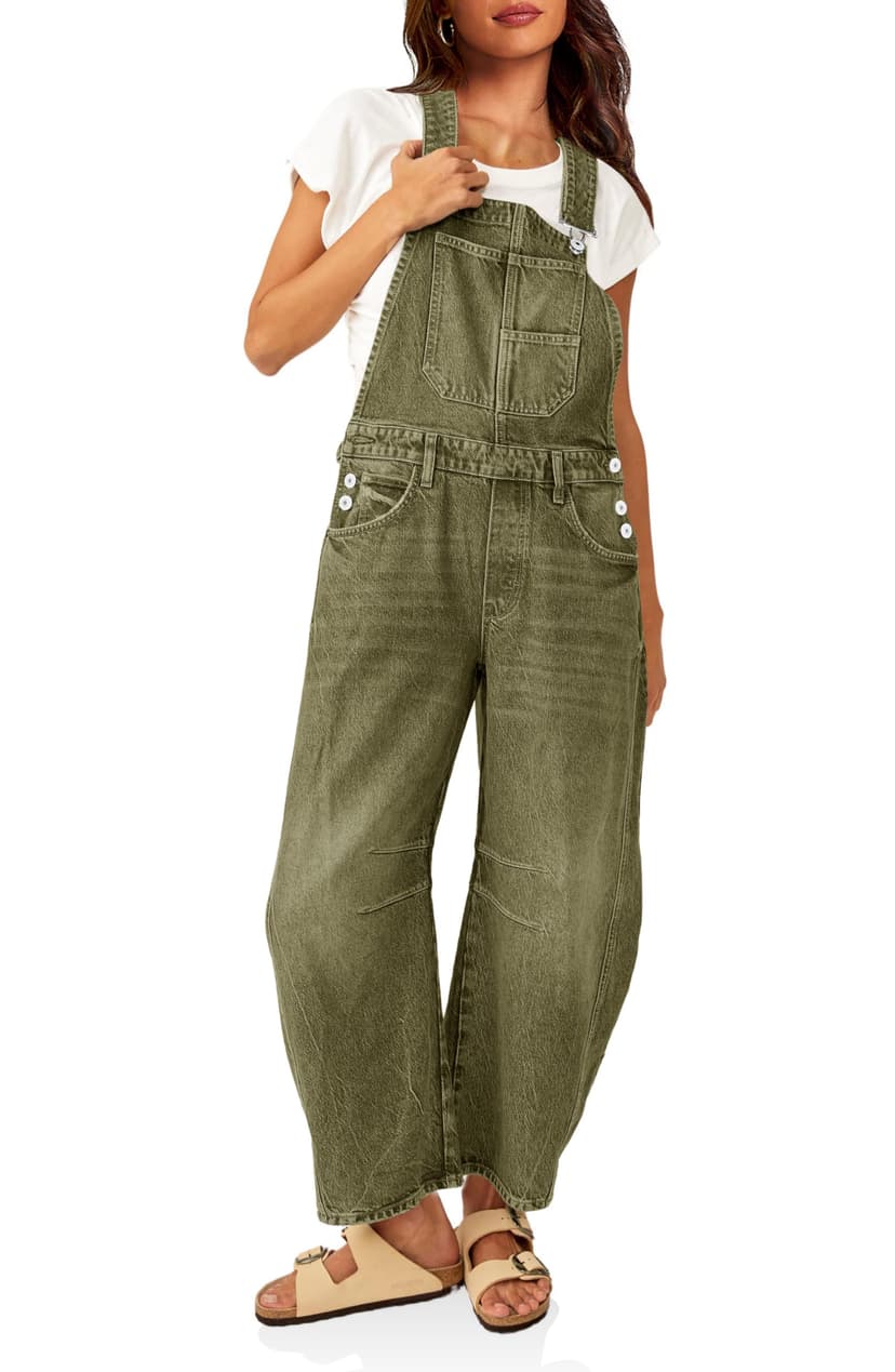 PLNOTME Womens Denim Bib Overalls Barrel Leg Adjustable Strap Jean Jumpsuit | 90s Outfits,Baggy Jumpers,Loose Overalls with Pockets