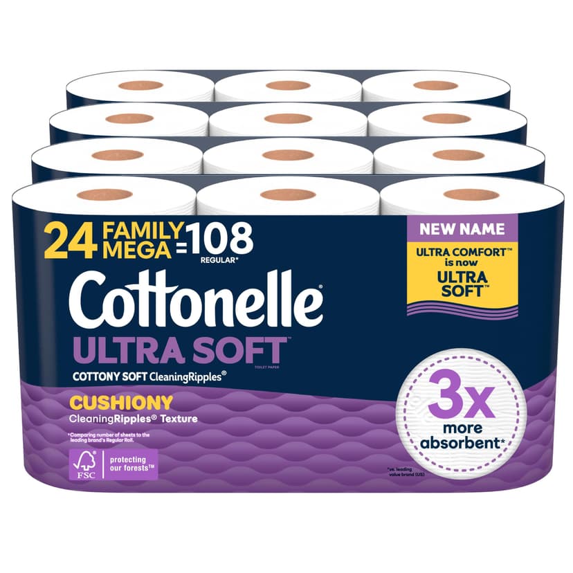 Cottonelle Ultra Soft Toilet Paper with Cushiony CleaningRipples Texture, Strong Bath Tissue, 24 Family Mega Rolls = 108 Regular Rolls (4 Packs of 6)